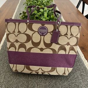 Coach Signature Khaki & Plum Stripe Shoulder
